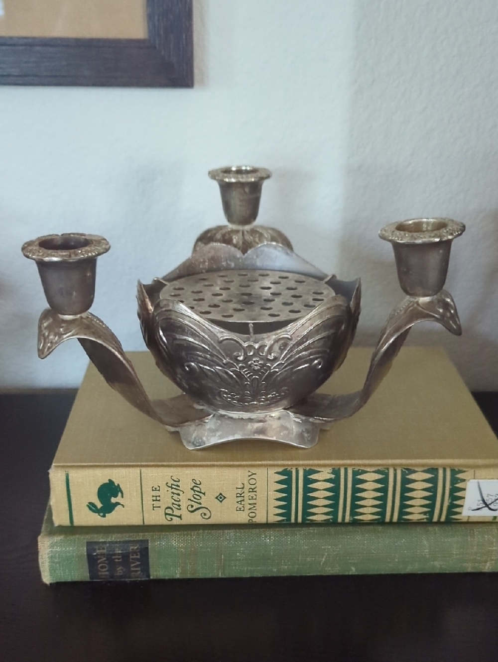 Vintage Silver-Tone Floral 3-Arm Candleholder and Flower Frog